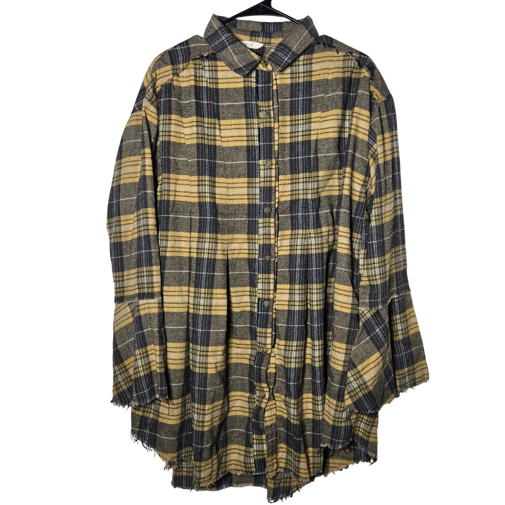 Easel Plaid Raw Hem Flared Sleeve Tunic Dress Large Boho Cabincore Rustic Grunge